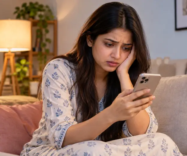 Woman feeling jealous while checking her partner's social media