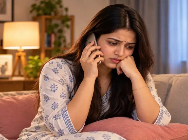 Young Indian adult on a phone call, looking conflicted