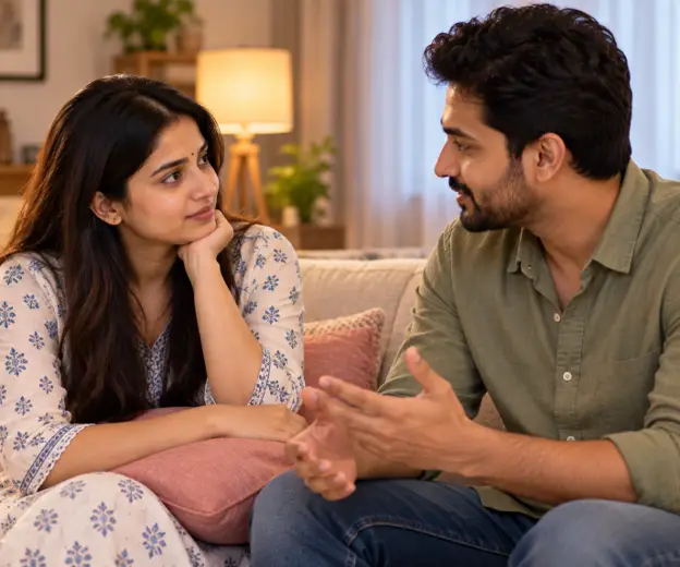 Couple talking calmly about jealousy in their relationship