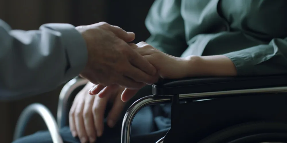 A supportive hand gently holds the hand of a person sitting in a wheelchair.