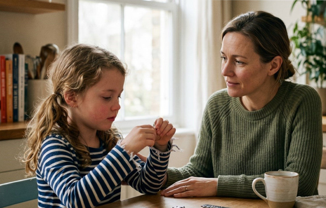 A child psychologist calmly observes and talks with a young girl sitting in a cozy home environment, focusing on the child’s emotional behavior and interaction.
