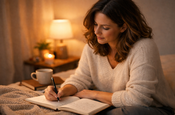 woman journaling at home in warm light, practicing self-care and coping strategies for depression recovery