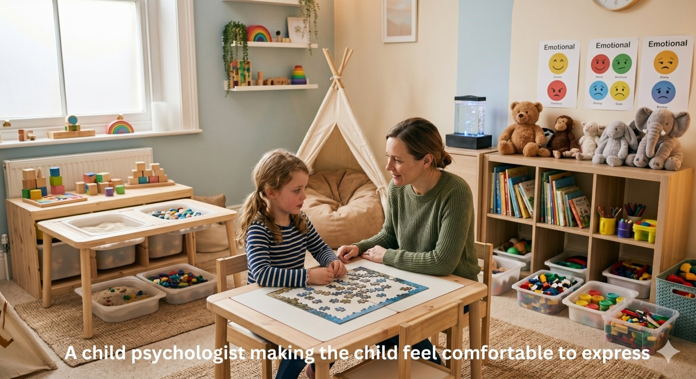 A child psychologist sitting with a young girl in a colorful therapy room, helping the child feel comfortable while working on a puzzle together, surrounded by toys, books, and emotional expression charts.