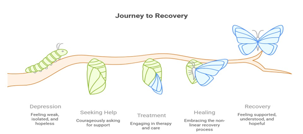 infographic showing depression recovery journey from feeling isolated to healing and hope
