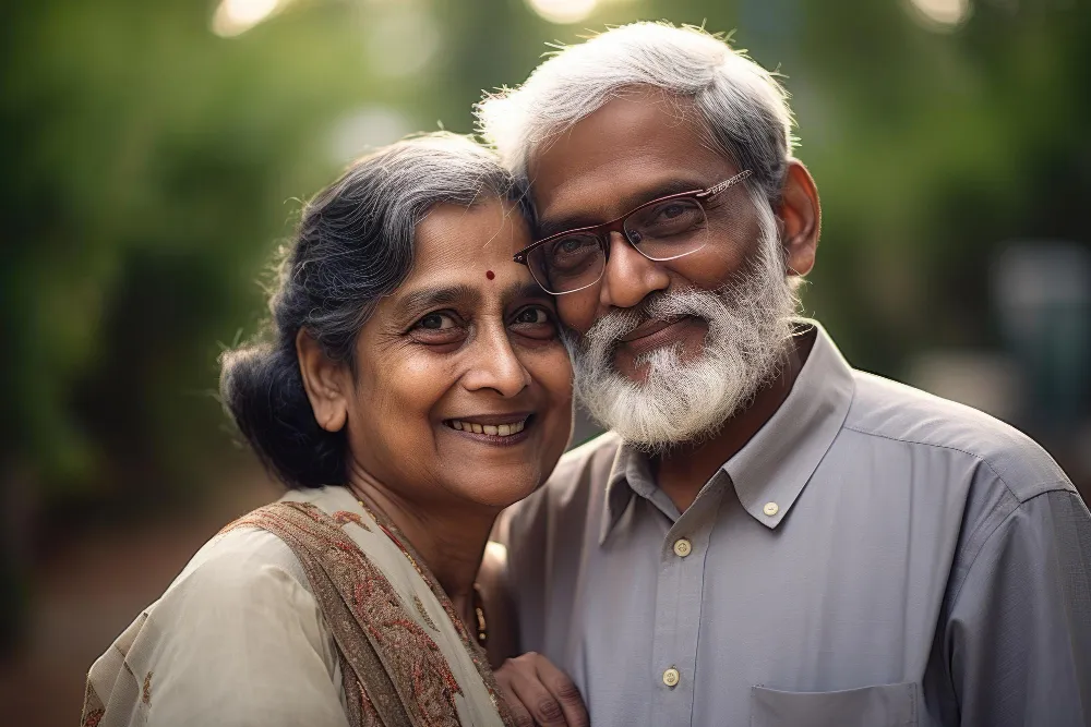 Elderly couple smiling warmly, standing close together outdoors. The man has white hair and glasses.