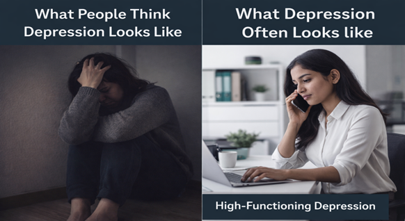 split image: stereotypical depression vs high-functioning depression at work