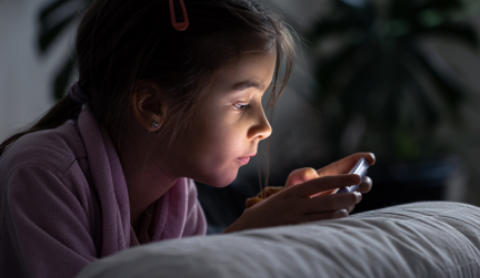 Child using a smartphone at night in bed