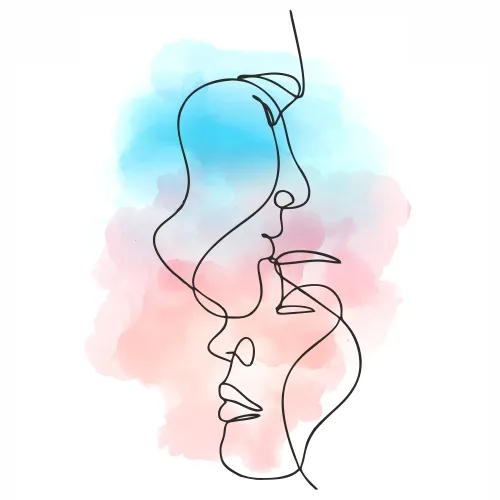 Abstract line drawing of two faces in profile on pastel watercolor background.